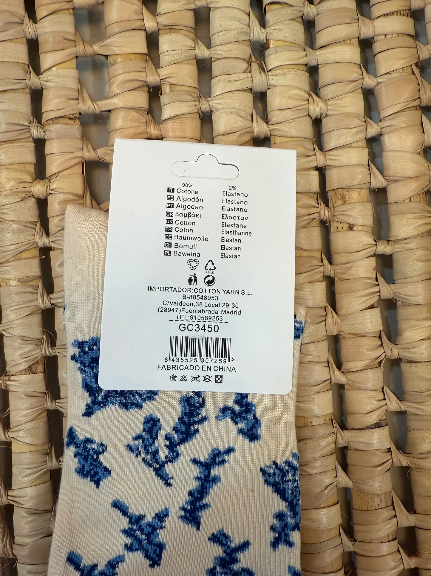 Calcetín beig flores azul